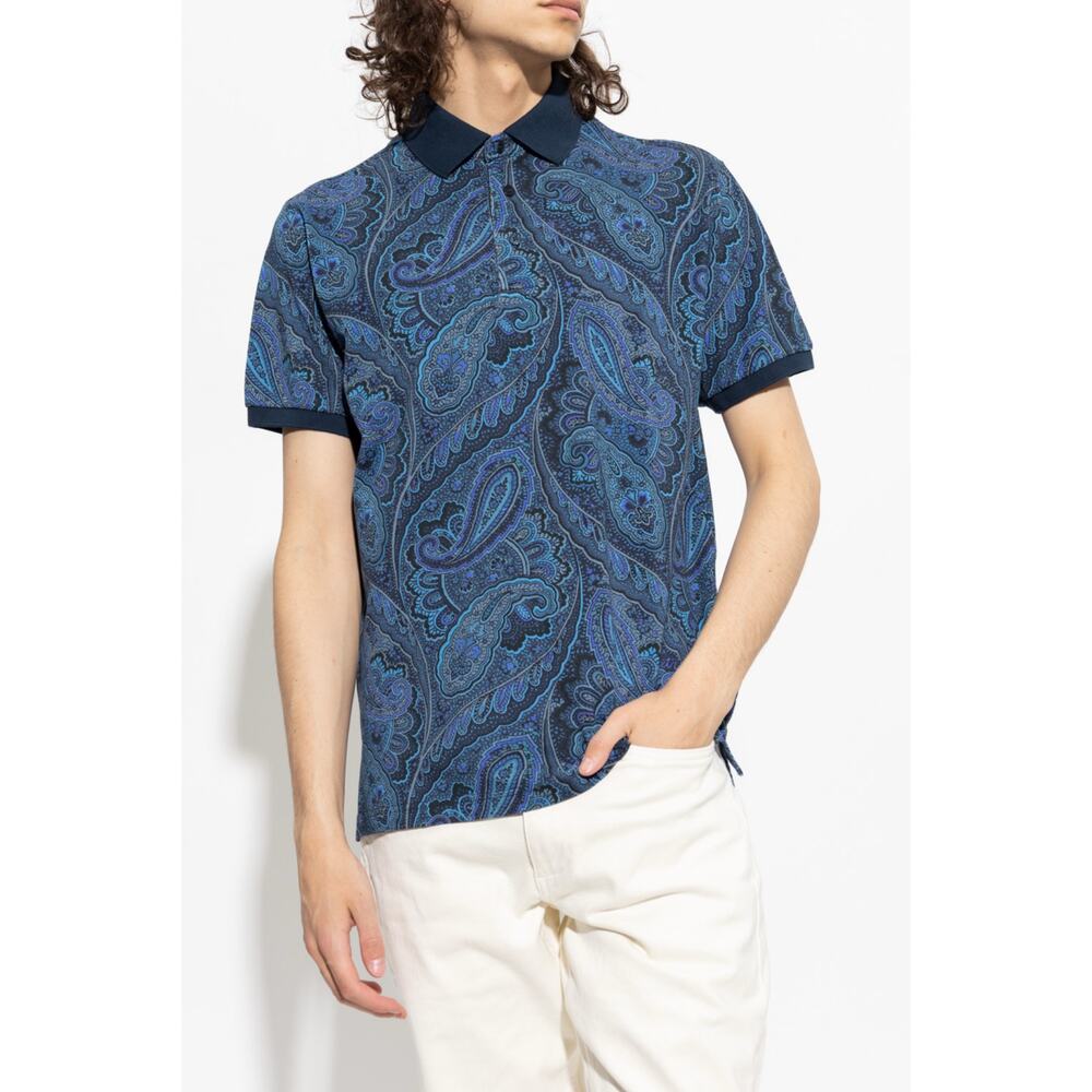 ETRO Milano Polo Shirt L ITALY Paisley Blue Logo Graphic Short-Sleeve Cotton